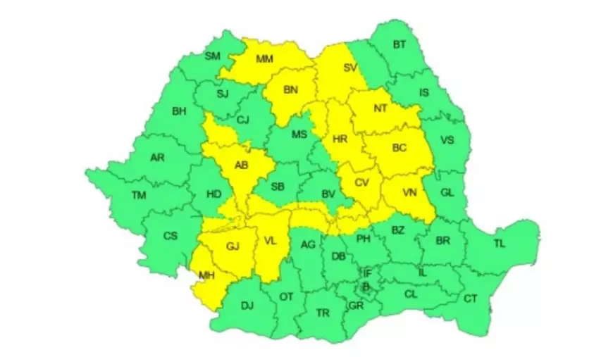 Harta județelor aflate sub cod galben de furtuni și averse torențiale, 15 iulie 2025
