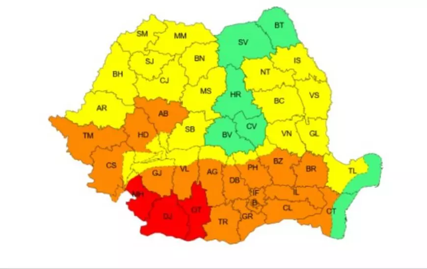 Cod roșu de caniculă în 3 județe ale țării, cod portocaliu și galben în restul. În 9 județe va ploua torențial. Harta zonelor vizate de avertizările meteo
