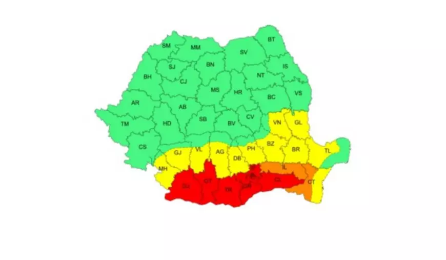 Harta cu județele afectate de caniculă. Sub cod roșu se află: Dolj, Olt, Teleorman, Giurgiu, Ilfov, București și Călărași.