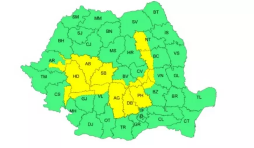 Harta cu județele aflate vineri, 11 iulie 2025, sub cod galben de instabilitate atmosferică