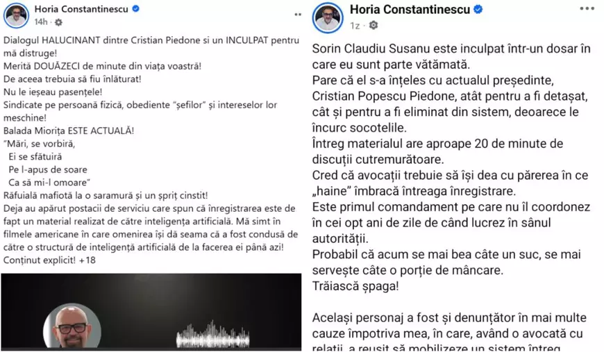 Colaj cu postările pe Facebook ale lui Horia Constantinescu despre atacul lui Piedone, 21 iulie 2025