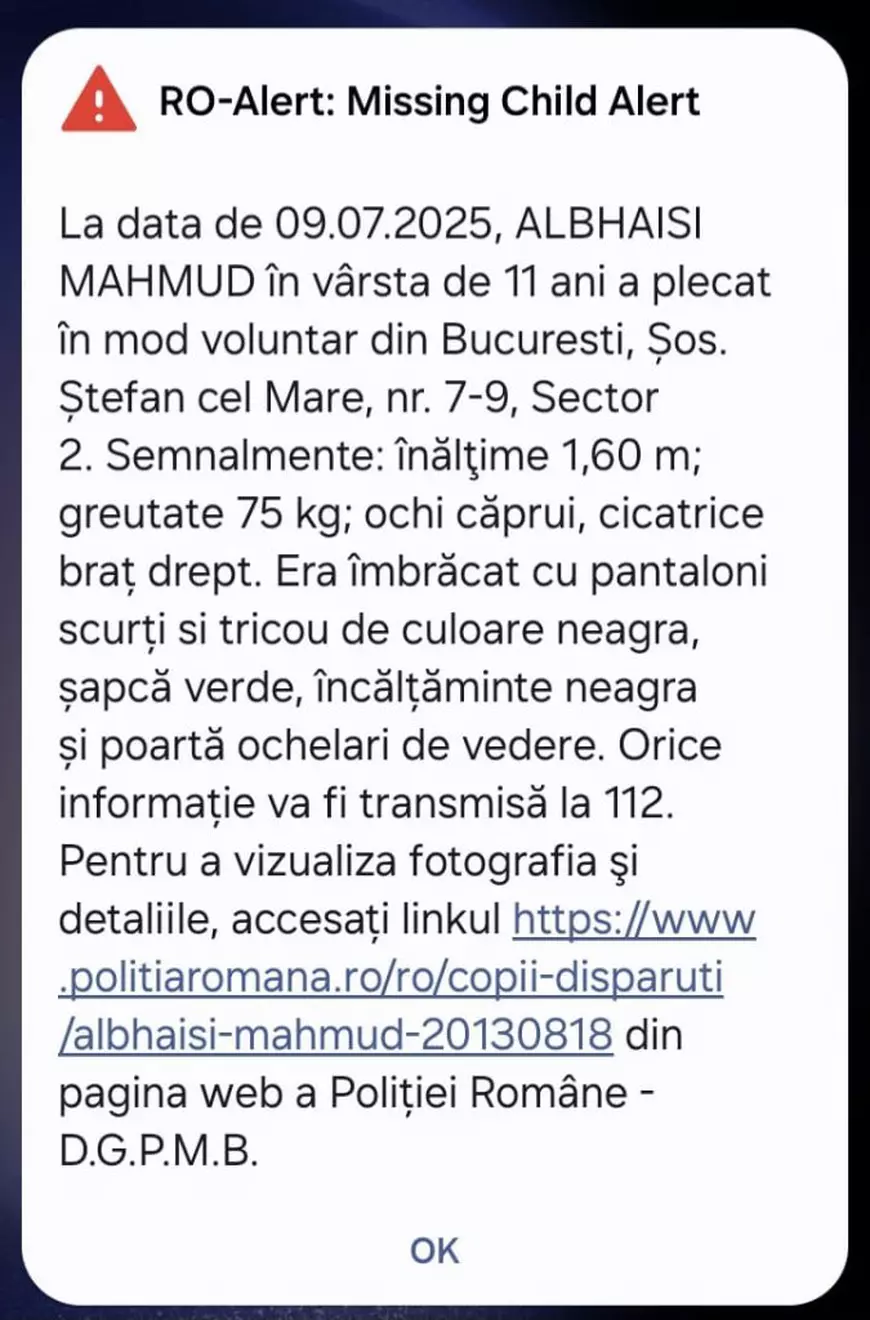 Mesajul Ro-Alert prin care se anunță dispariția copilului din București