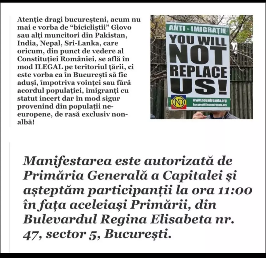 Primăria Municipiului București a autorizat o manifestație a Noii Drepte, care instigă la ură împotriva străinilor, la câteva zile de la un incident xenofob