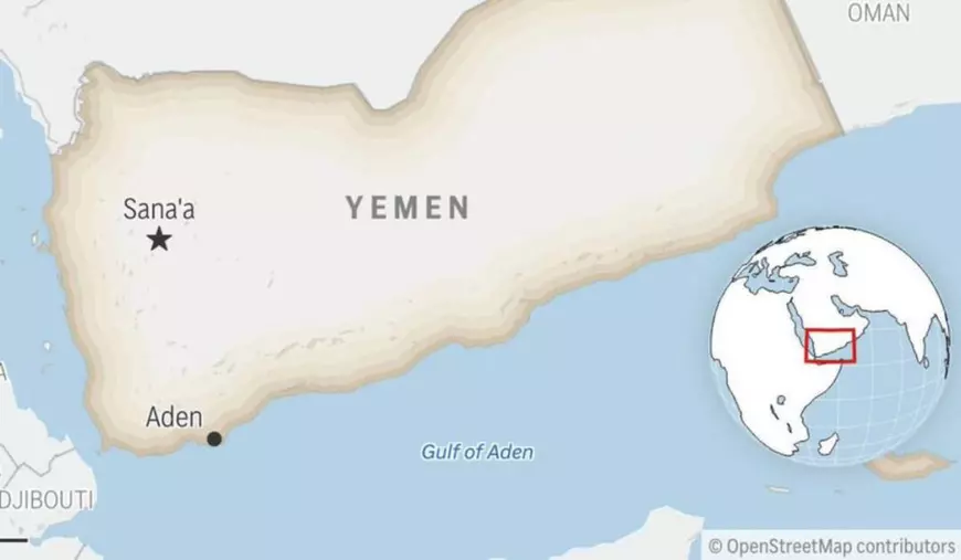 Harta in galben și bleu, reprezentand Yemen, cu legenda care indica Golful Aden