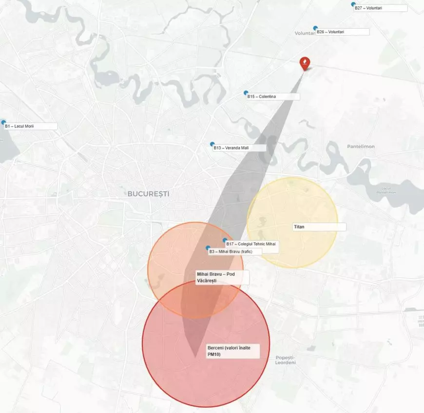 Cele mai afectate zone de aerul toxic din București. Cum s-a deplasat norul de fum de la Dragonul Roșu