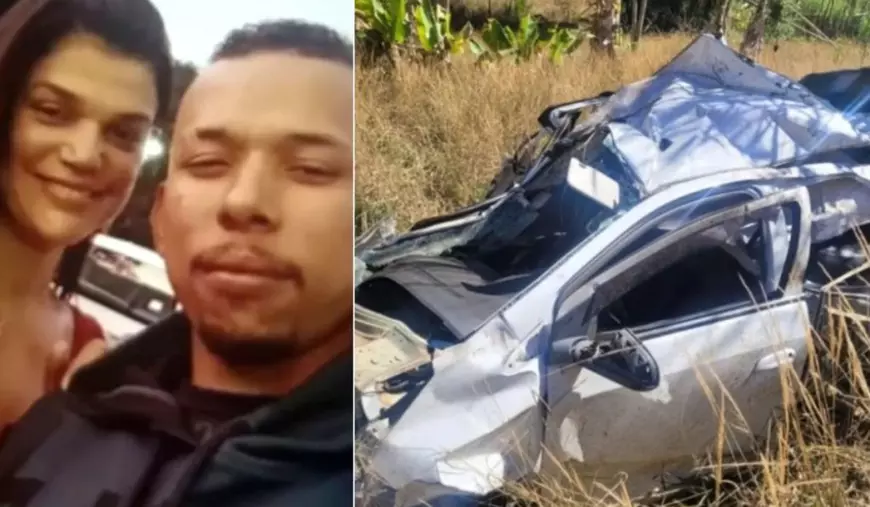 Colaj foto cu cei doi tineri, în stânga, bărbatul în față și femeia în spate, iar mașina de culoare albă, distrusă, în partea dreaptă