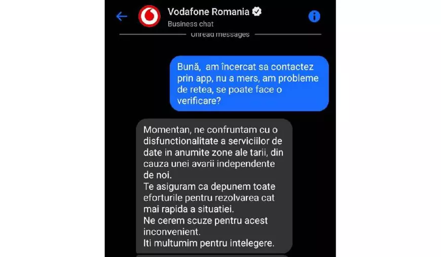 Vodafone informează utilizatorii săi că există probleme cu serviciile de date