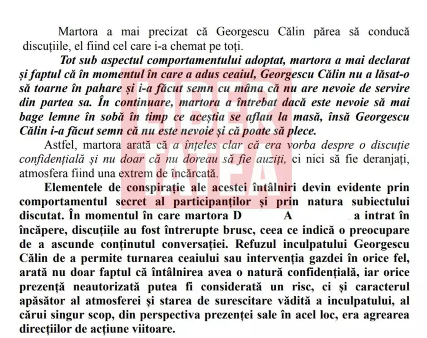 C&#259;lin Georgescu a refuzat s&#259; i se toarne ceai, &icirc;ntr-o discu&#539;ie privat&#259; cu Hora&#539;iu Potra. &bdquo;A f&#259;cut un semn cu m&acirc;na&rdquo;, scriu procurorii &icirc;n rechizitoriu