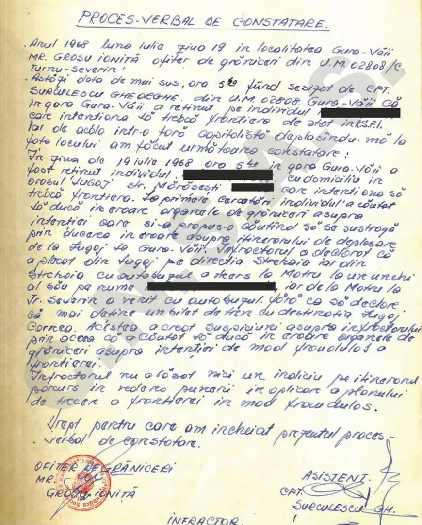 Proces verbal încheiat de grăniceri după prinderea unui tânăr din Lugoj care a intenționat să treacă fraudulos frontiera