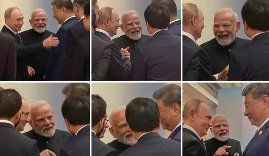 Colaj cu șase fotografii în care apar Vladimir Putin, Narendra Modi și Xi Jinping, la Beijing, în septembrie 2025