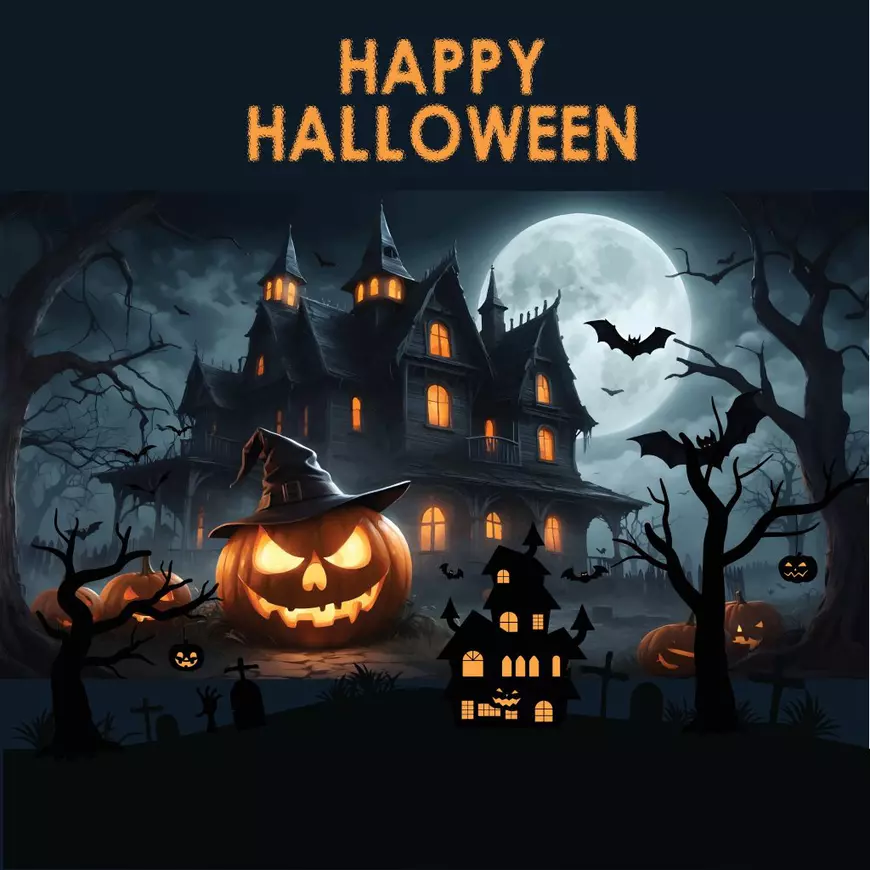 Când este Halloween 2025 – curiozități și tradiții - Imagine grafică reprezentând un decor de Halloween - un castel înconjurat de lilieci, arbori fără frunze şi dovleci sculptaţi, pe un fond de noapte cu lună plină - şi urarea Happy Halloween