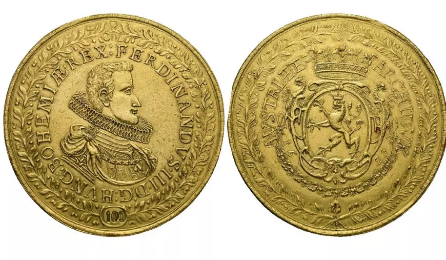 Cele două fețe ale unei monede de 100 de ducați a împăratului Ferdinand al III-lea 