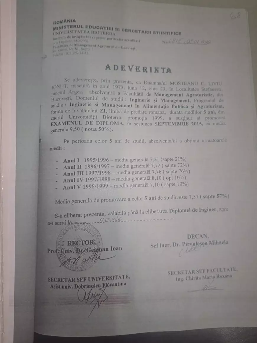 Ionuț Moșteanu se încurcă în explicațiile privind studiile. Libertatea a refăcut traseul acestora și a descoperit alte „greșeli” ale ministrului. Foaia matricolă - document