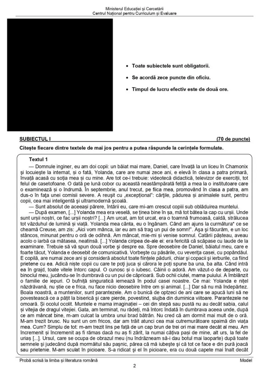 Evaluare Națională 2026. Model de subiecte la Limba și literatura română