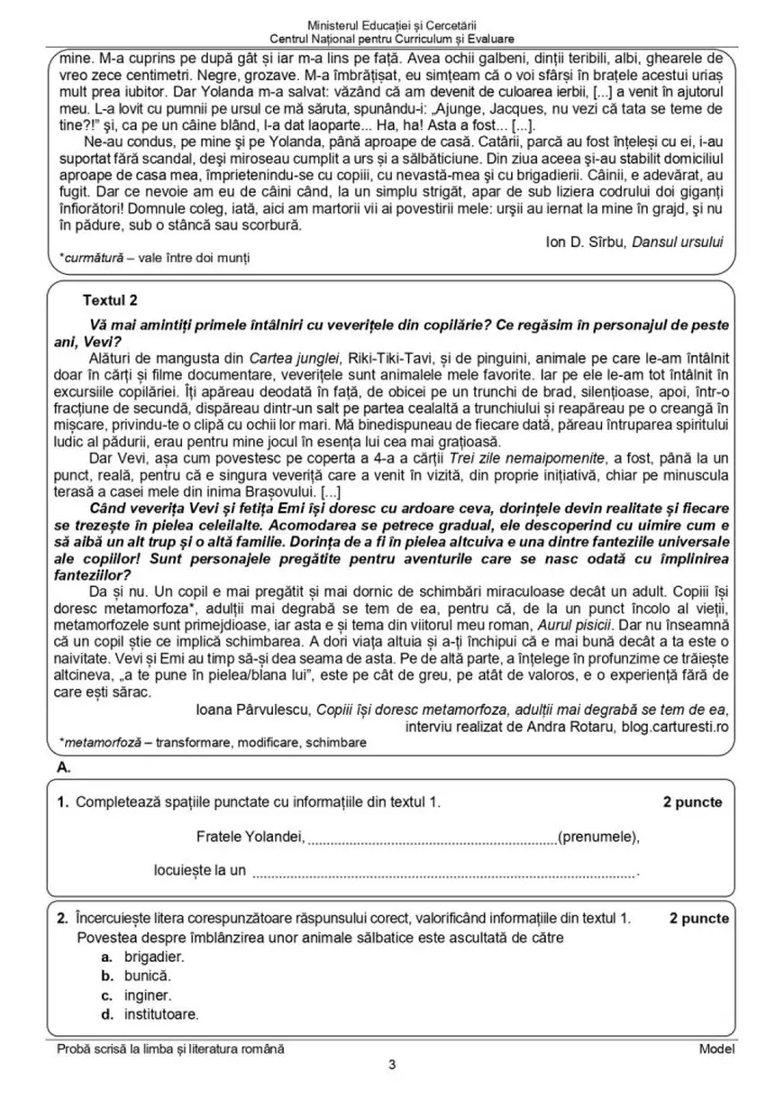 Evaluare Națională 2026. Model de subiecte la Limba și literatura română