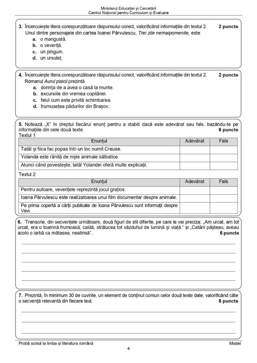 Evaluare Națională 2026. Model de subiecte la Limba și literatura română