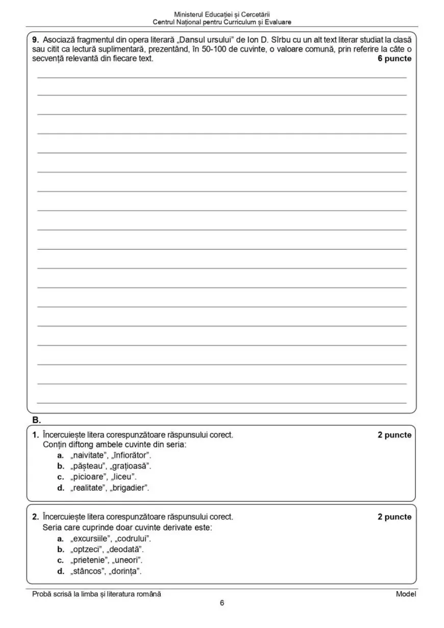 Evaluare Națională 2026. Model de subiecte la Limba și literatura română