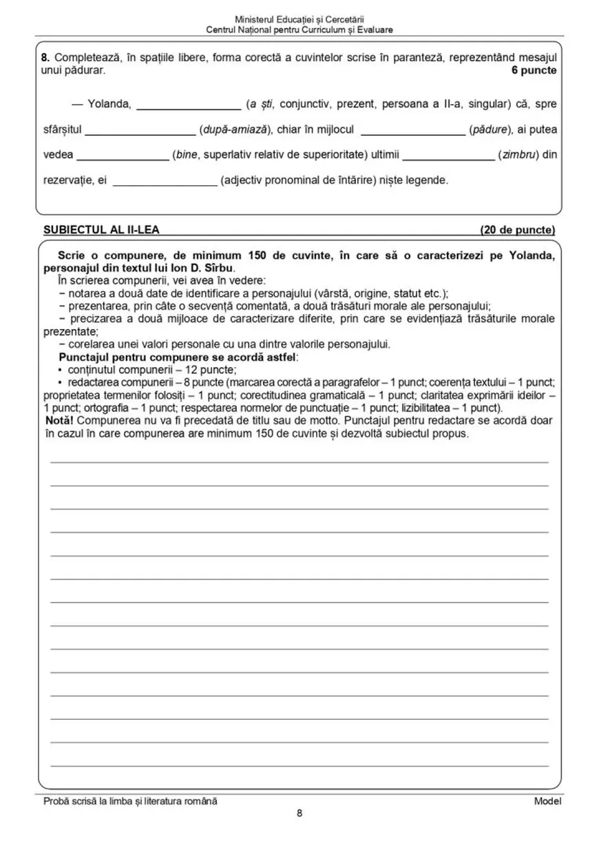 Evaluare Națională 2026. Model de subiecte la Limba și literatura română