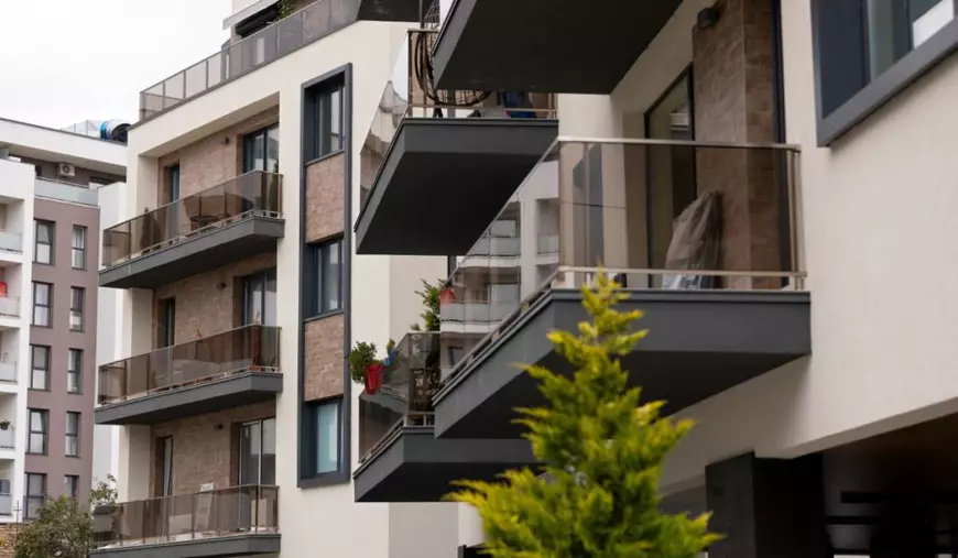 Imagine cu blocuri noi, fatada cu crem si negru, in prim plan varful unui brad