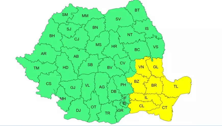 harta care arata cod galben de vant pentru județele Vrancea, Galați, Buzău, Brăila, Ialomița, Călărași, Tulcea și Constanța, valabil începând cu 29 ianuarie până pe 31 ianuarie 2026