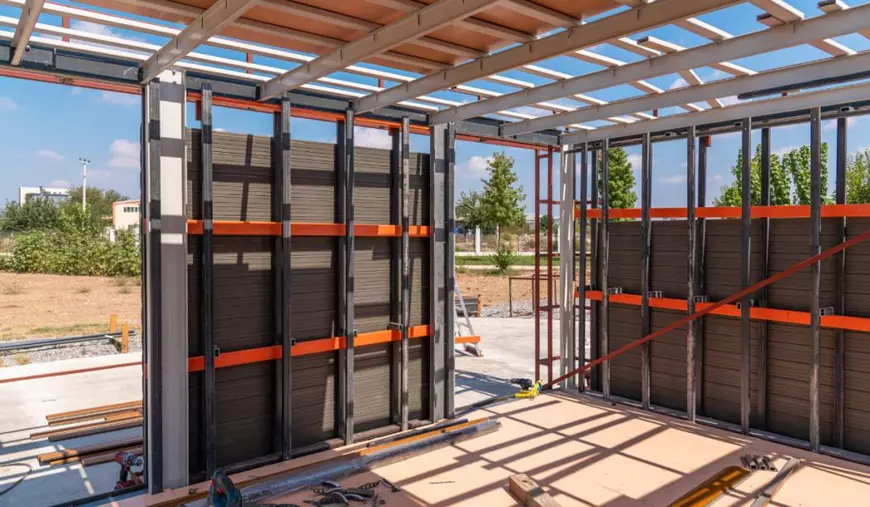 Casă construită din elemente prefabricate, cu structura metalică, grinzi de culoare negre și albe