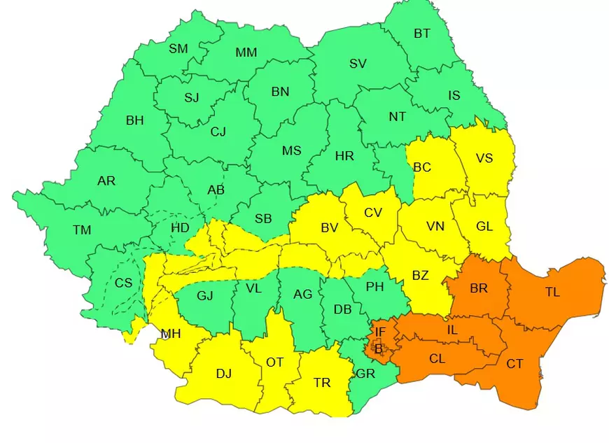 Cod portocaliu și galben de ninsori și vânt puternic în 25 de județe și în București