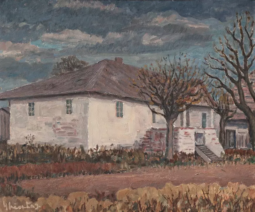 O pictură reprezentând o casa albă, un cer albastru 