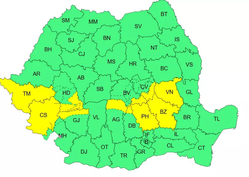 Harta zonelor vizate de codurile galbene emise de ANM