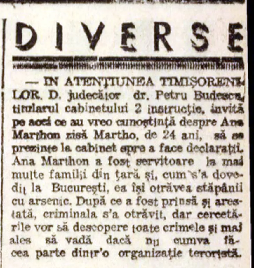 Femei criminale în serie din România (III). Ana Marthon, servitoarea din Bucureşti care își omora stăpânii încet, cu arsenic pus în mâncare