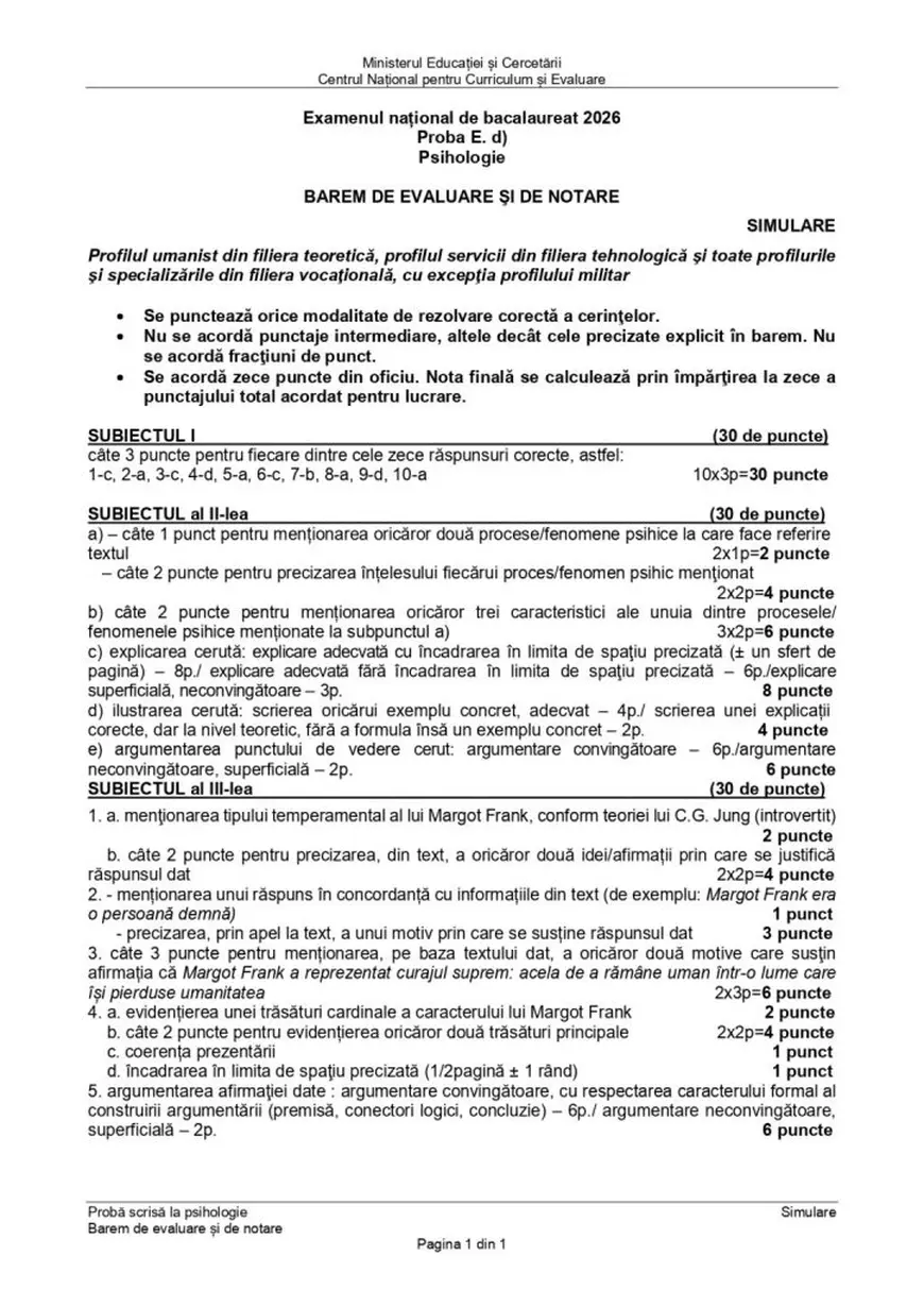 Simulare Bacalaureat 2026. Subiectele și baremul de corectare la Psihologie