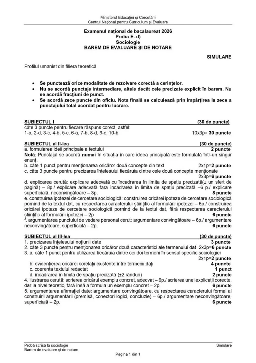 Simulare Bacalaureat 2026. Subiectele și baremul de corectare la Sociologie