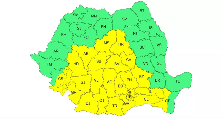 Harta codurilor galbene de vânt, ploi și ninsori, emis joi, 26 martie 2026, de Administrația Națională de Meteorologie.