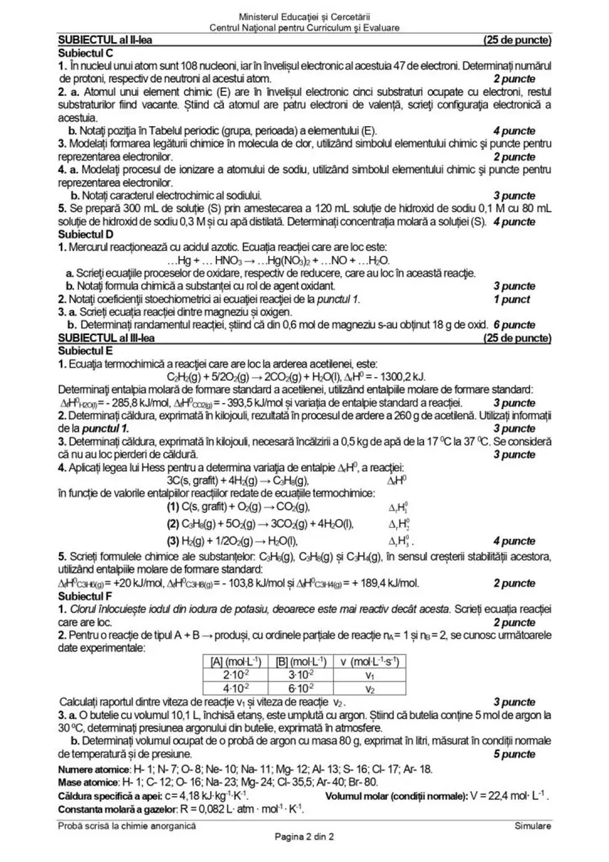Simulare Bacalaureat 2026. Subiectele și baremul de corectare la Chimie anorganică