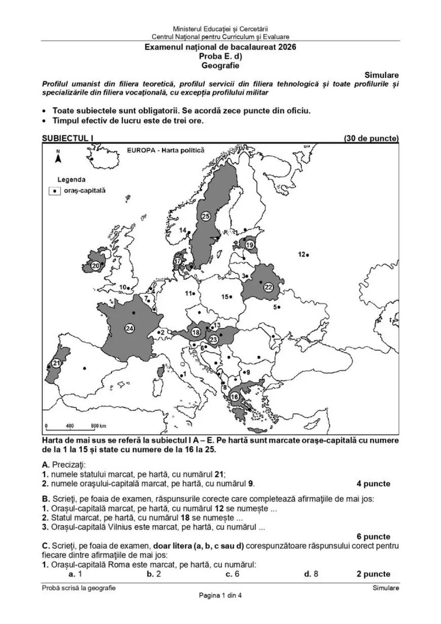 Simulare Bacalaureat 2026. Subiectele și baremul de corectare la Geografie