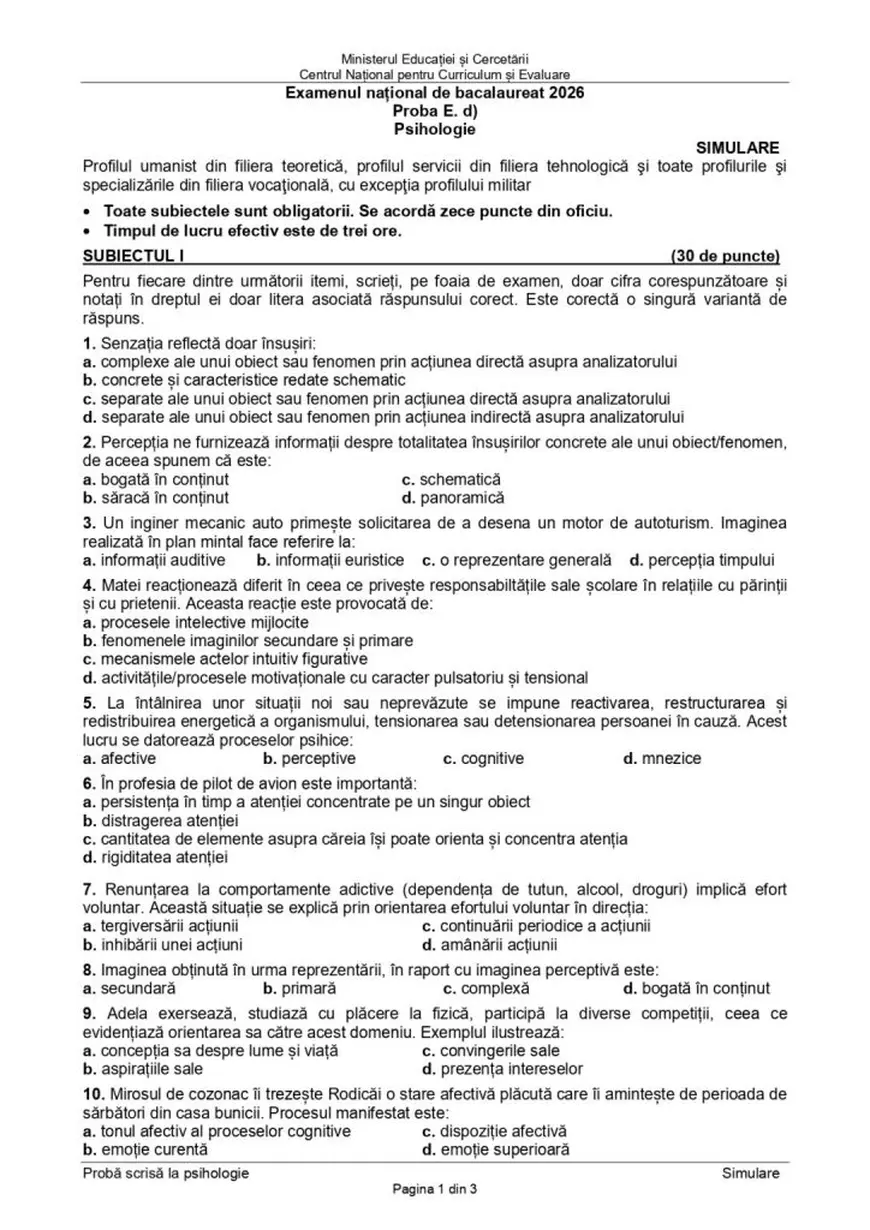 Simulare Bacalaureat 2026. Subiectele și baremul de corectare la Psihologie