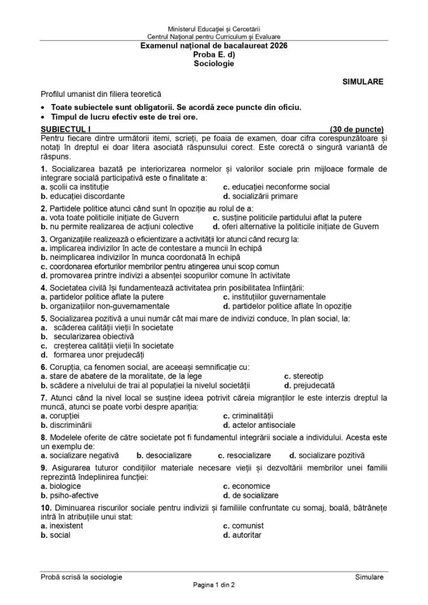 Simulare Bacalaureat 2026. Subiectele și baremul de corectare la Sociologie