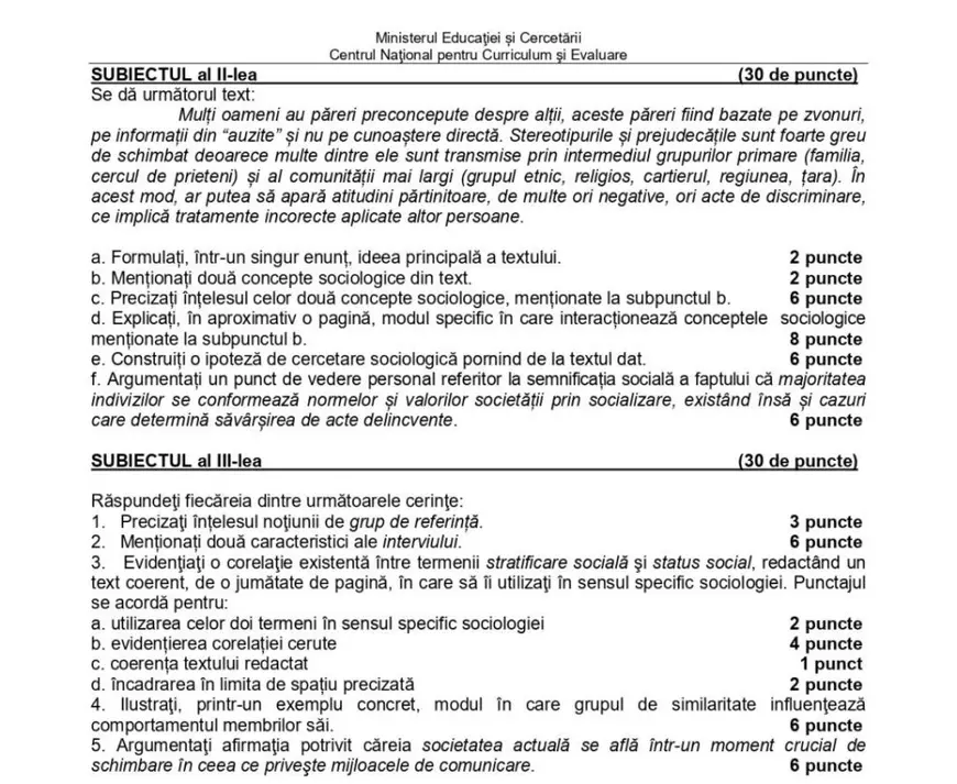 Simulare Bacalaureat 2026. Subiectele și baremul de corectare la Sociologie