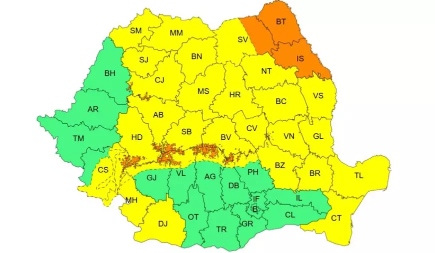 Harta României cu toate județele colorate în galben sau portocaliu în funcție de avertizarea meteo emisă de Administrația Națională de Meteorologie