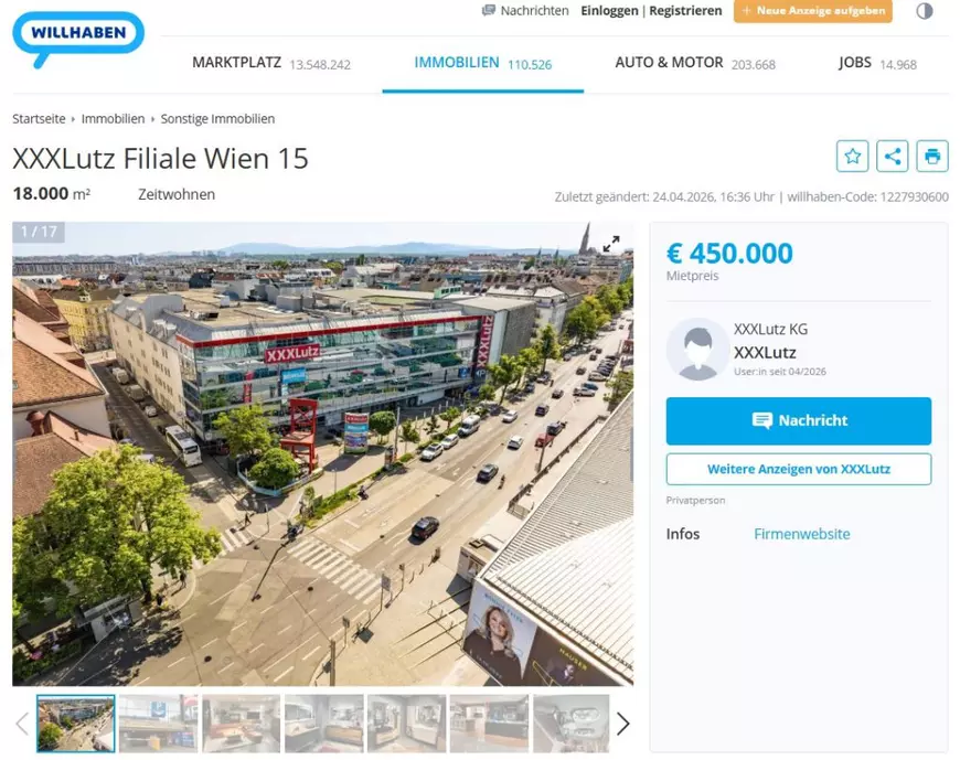Magazinul de mobilă XXXLutz din Viena a fost scos la închiriat cu 450.000 de euro pentru perioada Eurovision 2026. Sursa foto: willhaben.at