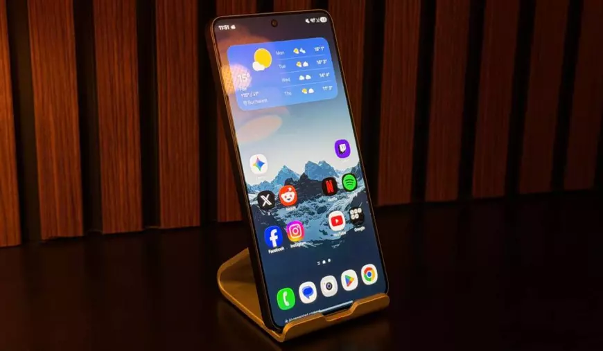 Ecranul lui Samsung Galaxy S26 Ultra, în fața unui fundal de lemn.