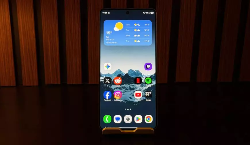 Ecranul lui Samsung Galaxy S26 Ultra, în fața unui fundal de lemn.