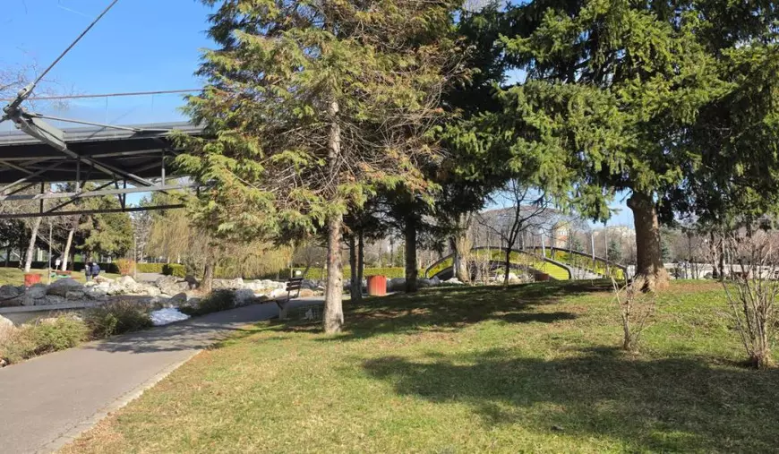 Peisaj de primăvară, cu mulți pomi, iarbă, din Parcul Drumul Taberei.