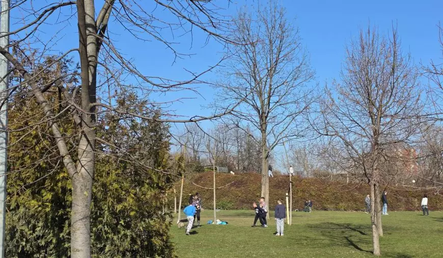 Peisaj de primăvară, cu mulți pomi, iarbă, din Parcul Drumul Taberei.