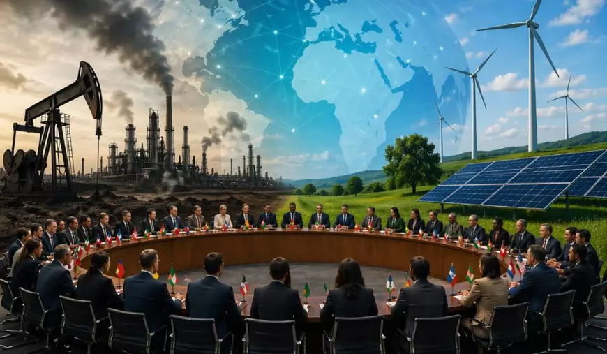 Mai mulți lideri și reprezentanți internaționali stau la o masă rotundă mare, într-un cadru simbolic care arată tranziția energetică: în stânga se văd sonde petroliere și o rafinărie cu fum, iar în dreapta turbine eoliene și panouri solare pe un peisaj verde, sub o imagine mare a Pământului. Imagine creată cu AI