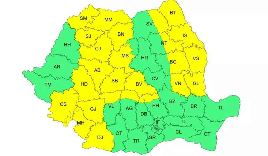 Harta României cu județe în verde și galben de la Administrația Națională de Meteorologie care arată județele afectate de o avertizare cod galben pe 28 mai 2026