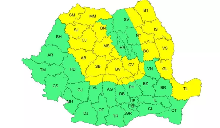 Harta României cu județe în verde și galben de la Administrația Națională de Meteorologie care arată județele afectate de o avertizare cod galben pe 28 mai 2026