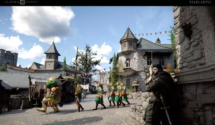 Peisaj urban medieval din jocul Crimson Desert în care apare și personajul principal Kliff.