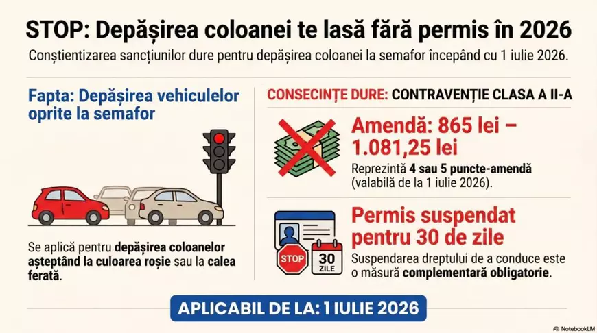 Grafic care arată pedeapsa pentru depășirea coloanei la semafor, respectiv amenda între 865 și 1081,25 lei și permisul suspendat pentru 30 de zile de la 1 iulie 2026