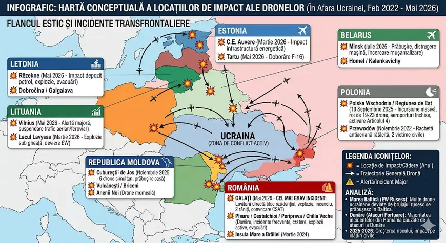 Harta cu locațiile de impact și datele la care au avut loc evenimentele în care au fost implicate drone ale Rusiei, în perioada februarie 2022 - mai 2026