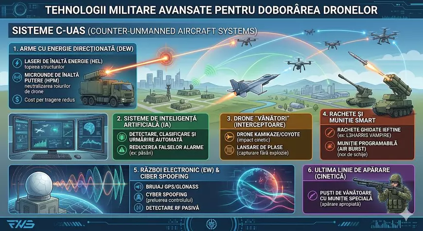Infografic care prezintă tehnologiile militare avansate pentru doborârea dronelor, realizat de Inteligența Artificială